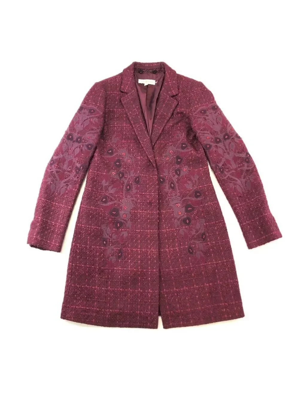 Tory Burch Patsy Glazed Tweed dark plum long line coat Size 2 appliqué embellish
